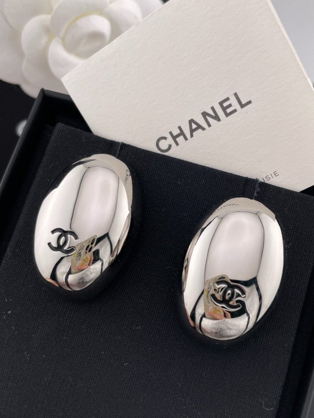 Cha nel Silver Oversized Oval CC Logo Statement Earrings 100% Authentic